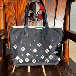 Kate Spade Denim 3D Leather Flowers Tote Bag